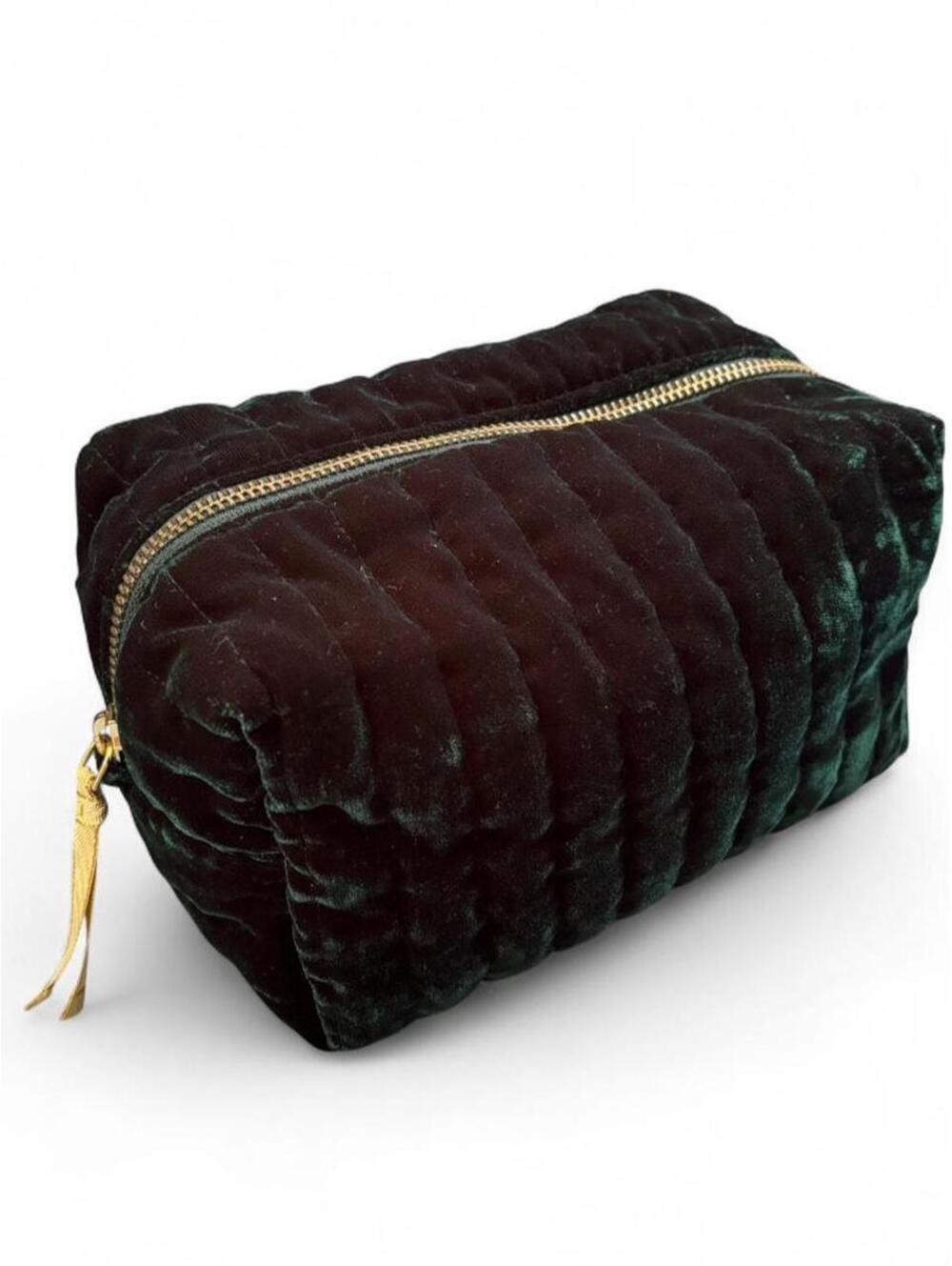 J.Crew Emerald Green Quilted Velvet Makeup Travel Pouch